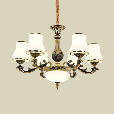 Black-Gold 3/6 Bulbs Suspension Light Antiqued Opal White Glass Urn-Shape Chandelier Lamp