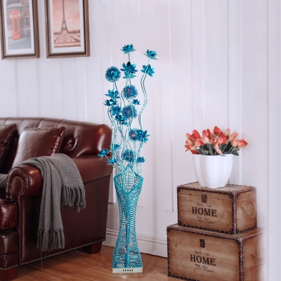 Blue Finish Vase and Lotus Floor Light Art Deco Aluminum Wire Living Room LED Standing Floor Lamp