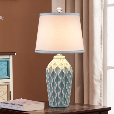 Blue/Green Finish 1 Bulb Table Light Traditional Ceramics Altar Shaped Nightstand Lamp with Fabric Shade