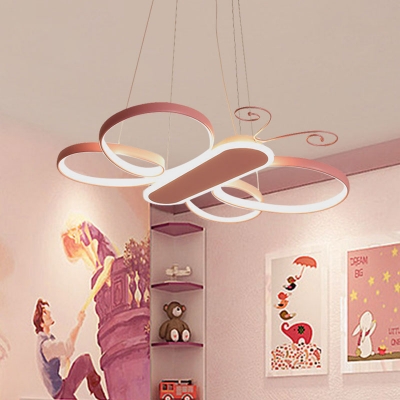 Butterfly Frame Hanging Chandelier Cartoon Acrylic Kids Bedroom LED Pendant in Gold/Pink
