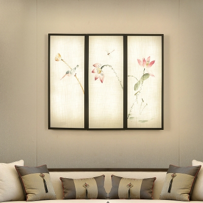 Chinese Lotus Ink Painting Wall Sconce Fabric Family Room LED Mural Light Fixture in Black