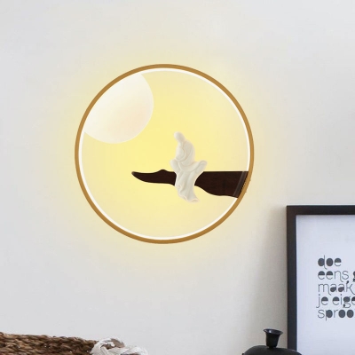 Chinese Style LED Sconce Mural Light Wood/Black Moon and Thinker Wall Mount Lamp with Acrylic Shade