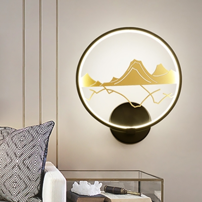 Circular Acrylic LED Wall Lighting Asia Black and Gold Mountain Mural Light Fixture for Guest Room
