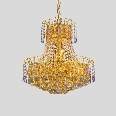 Clear Crystal 2-Layer Chandelier Lamp Mid Century 8 Bulbs Restaurant Pendulum Light in Gold
