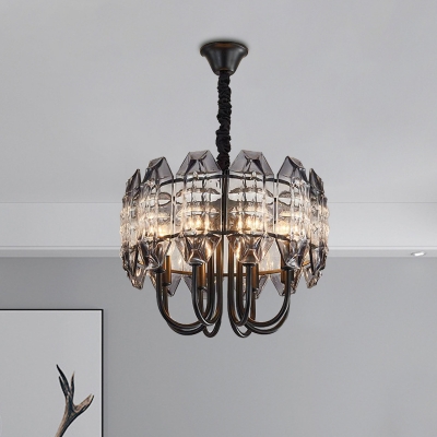 Cut Crystal Drum Chandelier Modernist 8-Bulb Bedroom Hanging Ceiling Light in Black