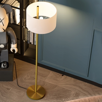Drum Floor Standing Lamp Post Modern White Fabric 1 Bulb Gold Finish Floor Light with Pull Chain