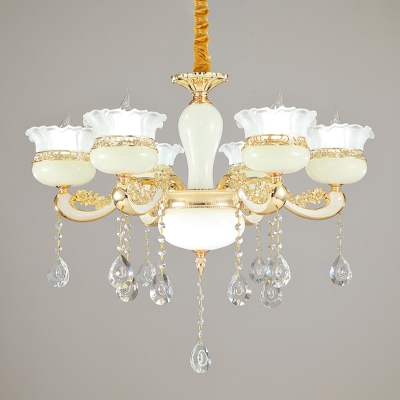 Flower Living Room Pendant Light Kit Frosted White Glass 6-Head Post Modern Ceiling Chandelier in Gold