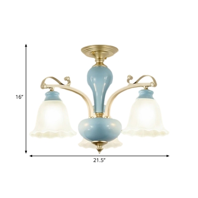 Flower Living Room Semi Flush Light Traditional Cream Glass 3/6/8-Light Blue Ceramics Flushmount
