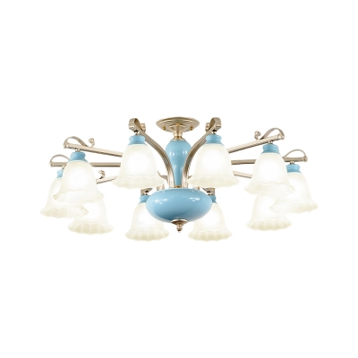 Flower Living Room Semi Flush Light Traditional Cream Glass 3/6/8-Light Blue Ceramics Flushmount