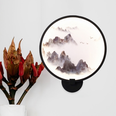 Foggy/Lakeside Mountain Mural Lamp Asia Metal Black LED Hoop Wall Sconce Lighting for Guest Room