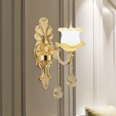Gold 1/2-Light Wall Mount Lighting Mid-Century Ruffle Glass Flower Shade Wall Lamp Fixture for Hallway