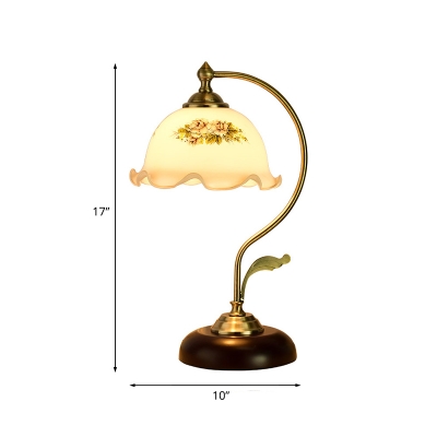 Gold C Arm Night Lamp Countryside Metal 1-Light Bedroom Table Lighting with Dome Patterned Glass Shade