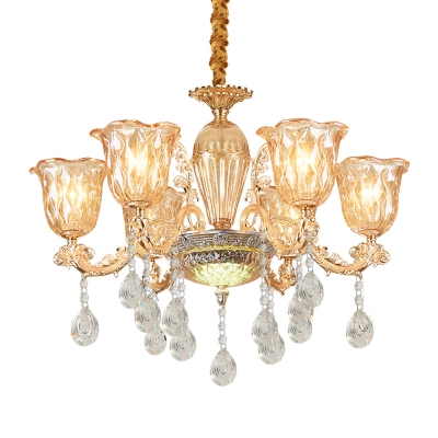Gold Finish 6 Bulbs Pendant Chandelier Mid Century Clear Crystal Glass Flower Shade Suspension Light
