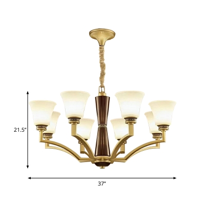Gold Finish Bell Shade Up Suspension Light Countryside Milk Glass 6/8 Heads Living Room Chandelier