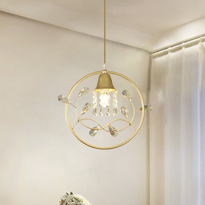 Gold Hoop Down Lighting Pendant Postmodern Crystal 1 Bulb Porch Hanging Light Kit with Flower/Bird Decor