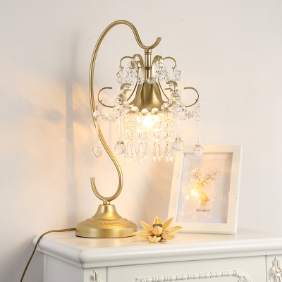 Gold Scroll Table Light Traditional Metal 1 Bulb Bedroom Night Lamp with Crystal Fringe