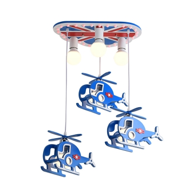 Helicopter Cluster Pendant Light Cartoon Metallic 6-Head Blue Suspension Lamp for Boys Bedroom