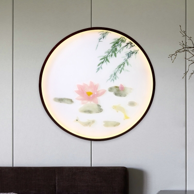Lotus and Willow Acrylic Wall Mural Light Asian Pink LED Flush Mount Wall Sconce for Decoration