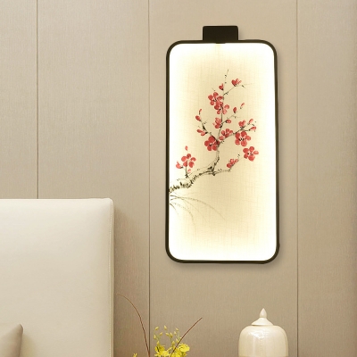 Lotus/Peach Blossom Hotel Wall Mural Lamp Fabric Chinese LED Wall Sconce Lighting in Black