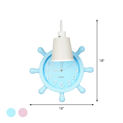 Mediterranean Cone Iron Wall Sconce Single-Bulb Wall Lamp with Rudder Clock Backplate in Pink/Blue