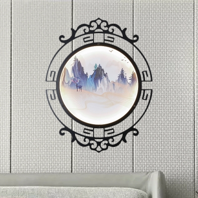 Metal Circle Wall Light Sconce Chinese Style Black LED Wall Mural Lighting with Elk-in-Mountains Pattern