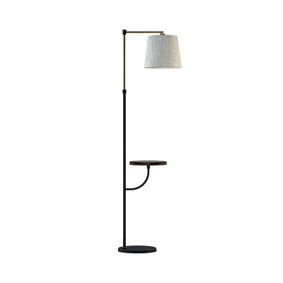 Metal Right Angle Arm Floor Lamp Modern 1-Light Black-Gold Floor Light with Barrel Beige Fabric Shade and Shelf