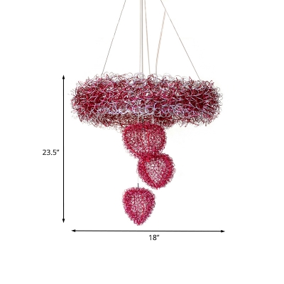 Metal Wire Loving Heart Suspension Light Nordic Style 7-Light Rose Red Finish Chandelier