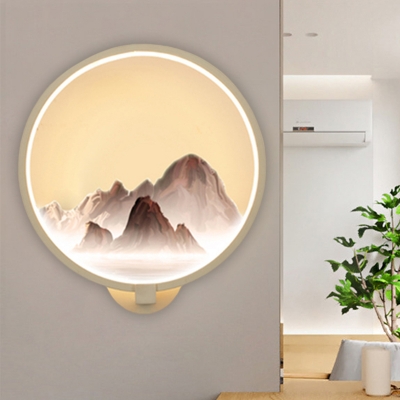 Metallic Mountain Pattern Wall Sconce Chinoiserie LED Circular Wall Mural Light Fixture in White