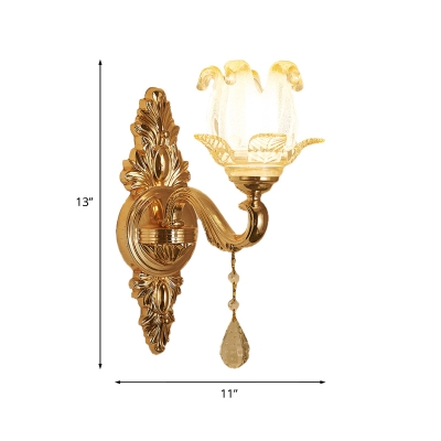 Mid-Century Floral Sconce Lamp Fixture 1/2-Bulb Crystal Wall Mounted Light in Gold