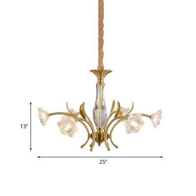 Modernist Flower Chandelier Light Fixture 6-Light Clear Crystal Glass Pendulum Lamp in Gold
