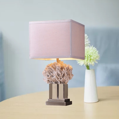 Resin White Finish Table Lamp Coral Single Bulb Traditional Night Light with Rectangle Fabric Shade
