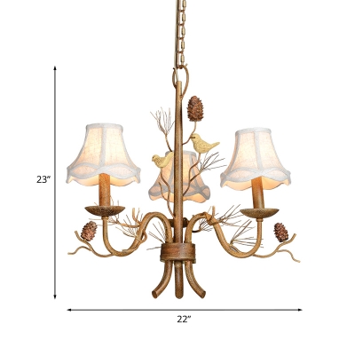 Rustic Scalloped Bell Chandelier 3 Bulbs Fabric Hanging Pendant Light with Bird and Pinecone Detail in Brown