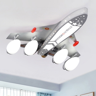 Silver Finish Aircraft Flush Light Fixture Cartoon 4 Heads Metallic Semi Mount Lighting