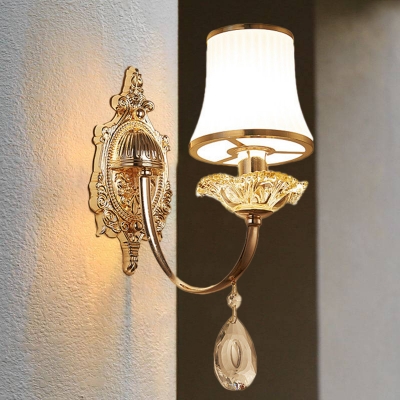 Single Flared Shade Wall Light Fixture Traditional Gold Opal Frosted Glass Sconce with Swoop Arm