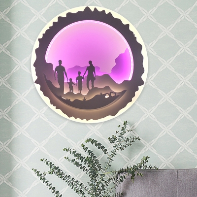 Summer Surfing/Family LED Mural Light Contemporary Acrylic Green/Purple Ultrathin Round Flush Wall Sconce