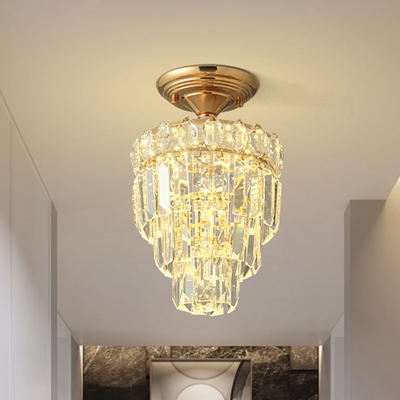 Traditional Layered Flush Light Fixture LED Crystal Block Semi Flush Mounted Lamp in Gold