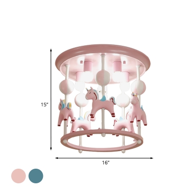 Unicorn Flush Light Fixture with Carrousel Design Cartoon Resin 6 Bulbs Blue/Pink Flush Mount