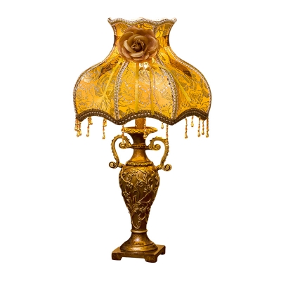 Victorian Dress Night Stand Light 1 Bulb Embroidered Fabric Table Lamp in Gold with Rose Decor
