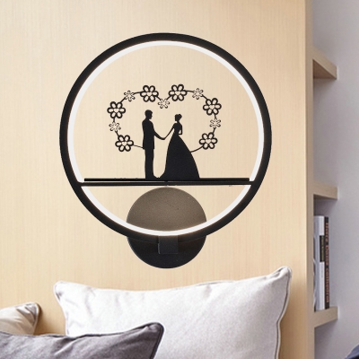 Wedding Couple Silhouette LED Mural Lamp Modern Iron Black Circle Wall Mounted Light for Bedside