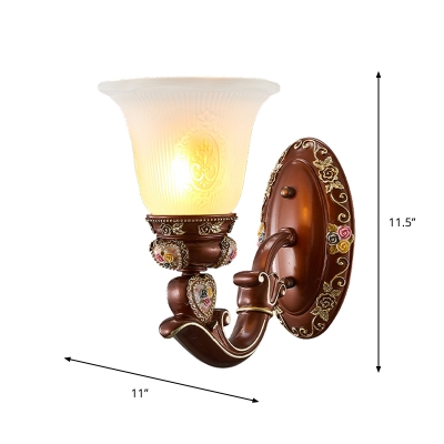 White Glass Flower Wall Mount Light Traditional 1/2-Bulb Living Room Wall Lamp Fixture in Brown