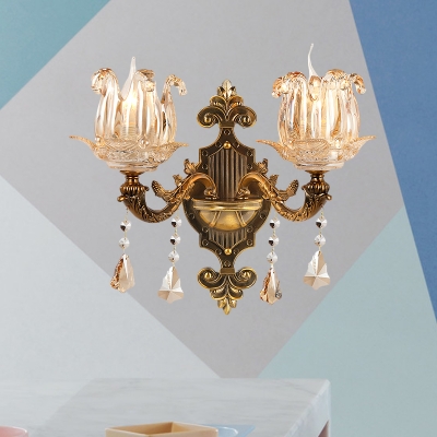 1/2-Bulb Clear Glass Wall Lighting Idea Vintage Brass Finish Flower Shade Bedroom Wall Lamp Fixture