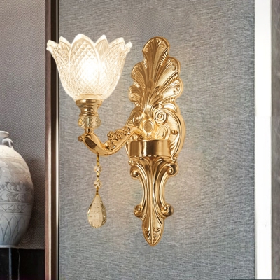 1/2-Head Sconce Light Fixture Traditional Flower Carved Glass Wall Mounted Lamp with Gold Curved Arm