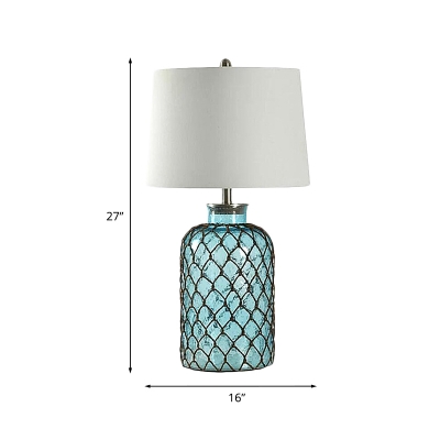 1 Head Bottle Night Table Lamp Traditional Blue Glass Nightstand Light with White Fabric Shade and Net Deco