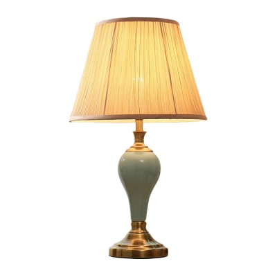 1-Light Ceramic Night Lamp Traditional Aqua/Silver Gray/Beige Urn Living Room Table Lighting with Pleated Fabric Shade