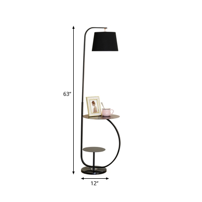 1-Light Living Room Standing Light Minimalist Black Adjustable Floor Lamp with Table and Barrel Fabric Shade