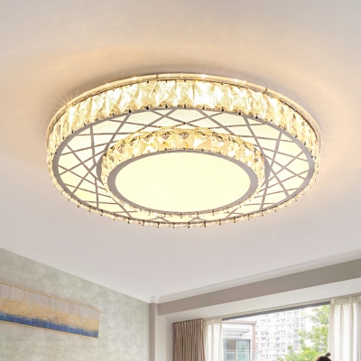 2-Tier Round Crystal Flush Mount Minimalist Hotel LED Ceiling Lighting with Crisscrossed Pattern in Stainless Steel