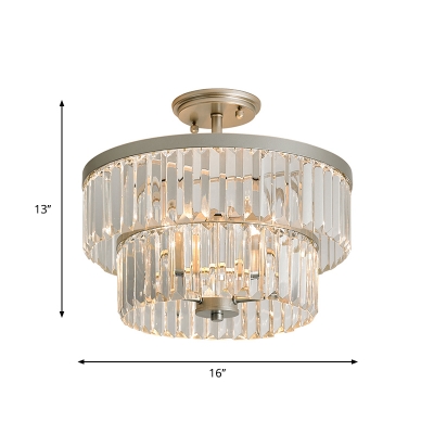 3-Bulb 2 Tiers Flush Light Fixture Minimalist Clear Crystal Semi Mount Lighting for Dining Room