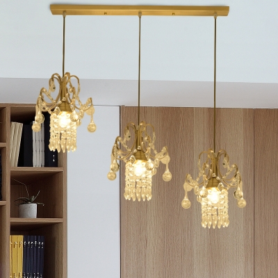3-Head Linear Multi Light Pendant Postmodern Style Brass Crystal Chain Hanging Lamp