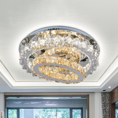 3-Hoop Living Room Semi Mount Lighting Beveled Crystal LED Modernism Flush Lamp Fixture in Stainless-Steel