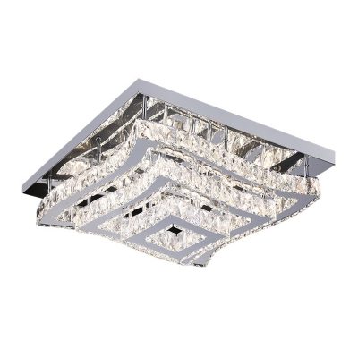 3-Tier Waved Square Crystal Block Ceiling Flush Modern LED Stainless-Steel Semi Flush Mount